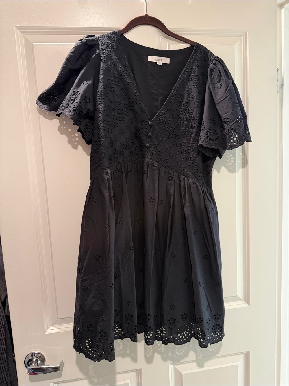LOFT Black Eyelet V‑Neck Flutter Sleeve Dress